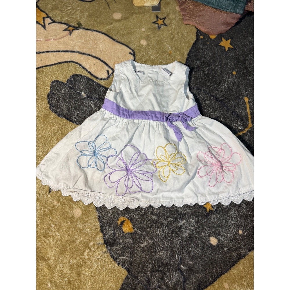 Babies R Us White Cotton Floral Embroidered Dress 6-9 Months Purple Bow Eyelet